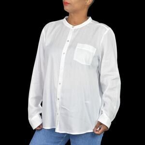 Eileen Fisher White Shirt Button Front Mandarin Collar Boxy Organic Cotton Large